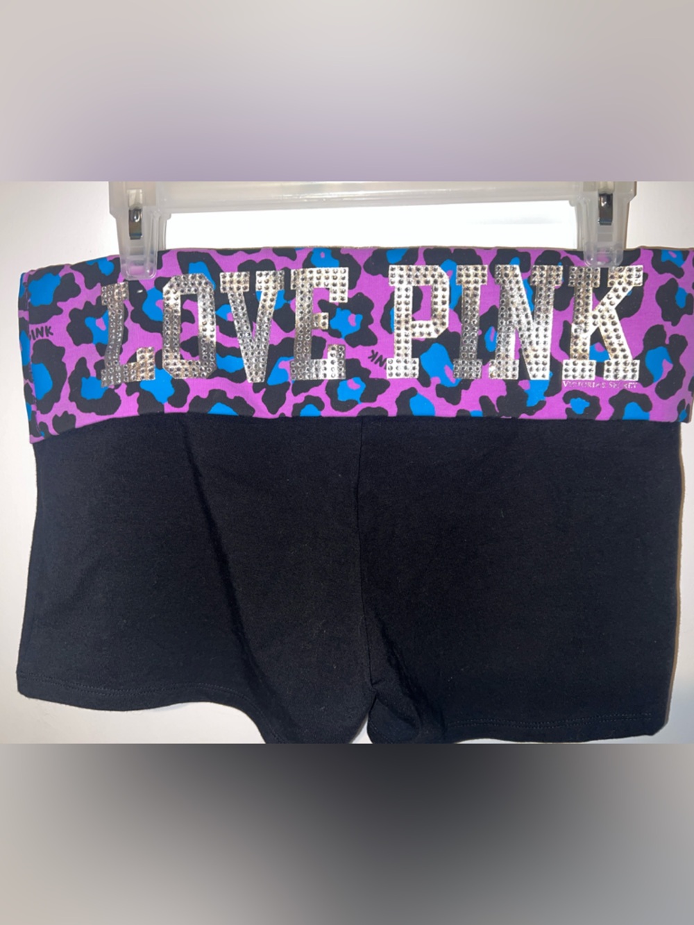 PINK Victoria's Secret Black Shorts with Purple and Blue Leopard Waistband